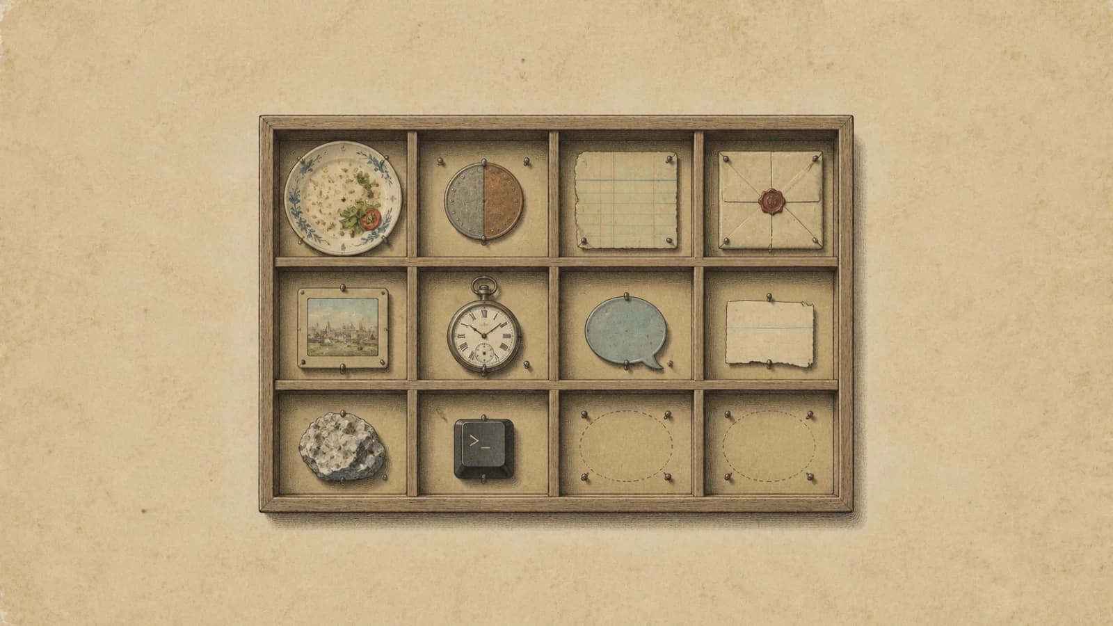 A twelve-compartment specimen drawer divided into shared, phone, work and terminal specimens.