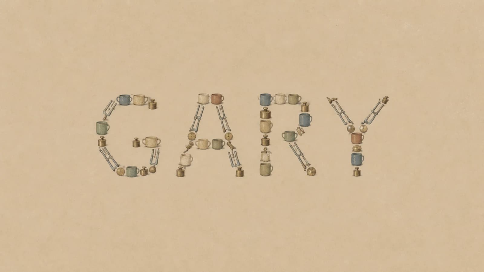 Antique illustrated mugs and calibration instruments spelling Gary.